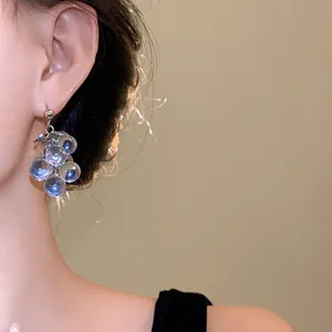 Detailed view of elegant crystal grape bunch tassel earrings with S925 silver needles