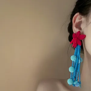 Orecchini a Nappa Lunga con Fiori Rossi e Perline Blu Bohémien Retrò Con Perno in Argento Sterling 925 Gioielli Vacanza