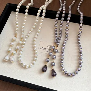 French Retro Luxury Long Multi Layer Artificial Pearl Necklace For Women Elegant Gold Tone Water Drop Pendant Jewelry Gift