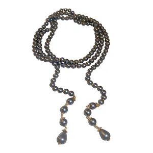 Vintage multi-layer long grey pearl necklace with elegant gold accents and teardrop pendants