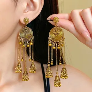 Vintage Ethnic Tassel Bell Drop Earrings For Women Alloy Round Flower Pattern Earrings With Silver Earring Post Jewelry