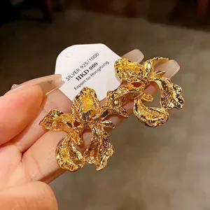 Vintage Irregular Flower Stud Earrings With 925 Sterling Silver Earring Post Gold Plated Exaggerated Metal Textured Floral Earrings For Women Jewelry