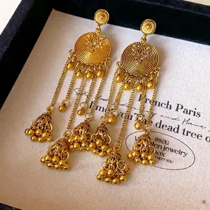 Vintage ethnic style round flower earrings with gold metal tassel beads