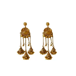 Vintage gold ethnic style round tassel earrings with intricate bell charm details