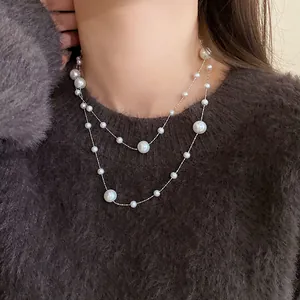 French Vintage Double Layer Irregular Artificial Pearl Beaded Necklace Luxurious Clavicle Chain For Women Jewelry Gift