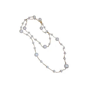 French vintage irregular pearl layered necklace with gold chain for elegant stylish women