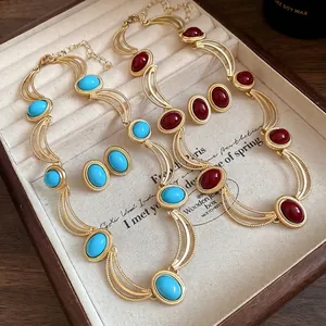 Vintage Oval Gemstone Necklace Luxury Gold Plated Palace Style Pendant Clavicle Chain With 925 Silver Post Earrings Women Jewelry Set