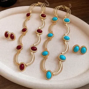 Luxury vintage palace style oval gemstone necklace and earrings set in gold finish