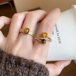 18K Gold Plated Tiger Eye Stone Zirconia Open Ring Vintage Geometric Luxurious Adjustable Finger Ring Women Jewelry Gift