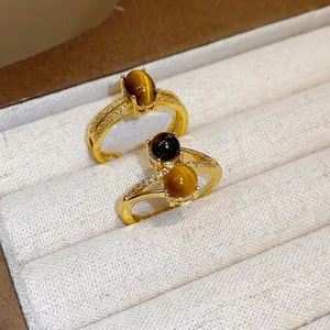 Vintage 18k gold plated adjustable rings with natural tiger eye and sparkling zirconia