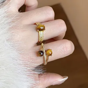 Elegant 18k gold plated adjustable ring with natural tiger eye stone and zircons