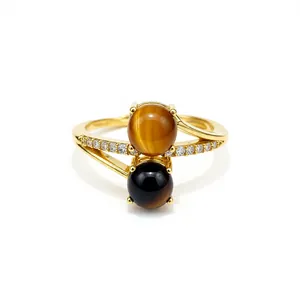 Luxury 18k gold plated adjustable ring featuring natural tiger eye stones and sparkling zircons
