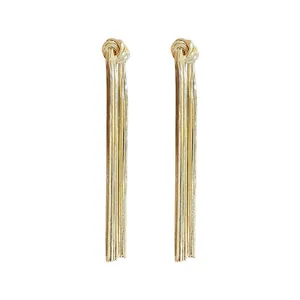 Elegant golden knotted long tassel drop earrings with delicate multi-strand snake chains