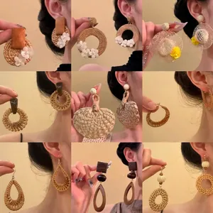 Handmade Rattan Woven Floral Geometric Drop Earrings Bohemian Vacation Style Artificial Pearl Rhinestone Jewelry For Women