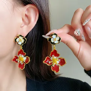 Vintage French style enamel flower earrings with sparkling rhinestones and silver needles