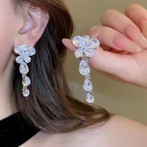 Sparkly silver needle butterfly tassel drop earrings with clear zircons for women