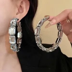 Oversized Geometric Rectangular Rhinestone Hoop Earrings For Women Silver Tone Inlaid Rhinestone Elegant Fashion Jewelry