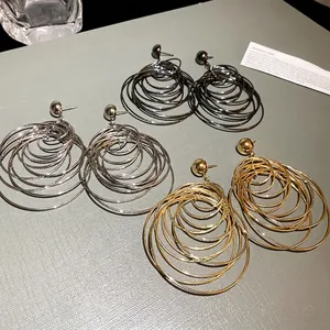 European Fashion Multi-Layer Round Hoop Drop Earrings With Earring Post Personalized Metallic Style Geometric Earrings Jewelry For Women