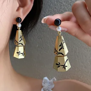 New Chinese Style Vintage Palace Tassel Earrings For Women Alloy Artificial Pearl 925 Sterling Silver Post Geometric Drop Earrings