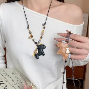 Handmade Artificial Leather Horse Pendant Necklace Creative Cute Wood Bead Beaded Long Sweater Chain Pastoral Women Fashion Jewelry Accessory