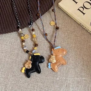 Handmade leather horse pendant necklace with colorful wooden beads for women