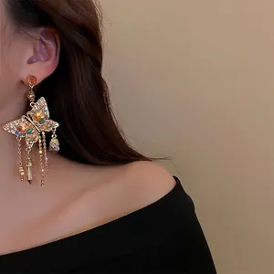 Baroque Vintage Butterfly Tassel Drop Earrings For Women Gold Plated Alloy Crystal Rhinestone Dangle Earrings With Silver Post