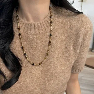 Maillard Tiger Eye Stone Beaded Long Necklace For Women Vintage Gold Coffee Brown Sweater Chain Autumn Winter Fashion Jewelry