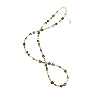 Elegant long Maillard style tiger's eye beaded necklace and sweater chain for women