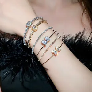 Fashion Copper Zirconia Bowknot Bangle Luxury Double Layer Open Cuff Bracelet Gold Silver Zirconia Inlaid Commute Jewelry For Women
