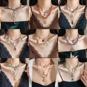 Boho Vintage Layered Necklace For Women Alloy Artificial Pearl Natural Stone Sun Moon Star Pendant Multilayer Chain Jewelry