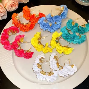 Fabric Chiffon Flower C-Shape Stud Earrings With Silver Earring Post Bohemian Vacation Style Handmade Floral Jewelry For Women