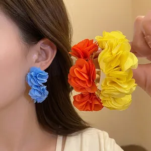 Chiffon flower C-shaped earrings in blue, orange, and yellow for beach vacation