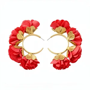 Handmade red chiffon flower C-shaped hoop earrings with elegant gold ginkgo leaf accents