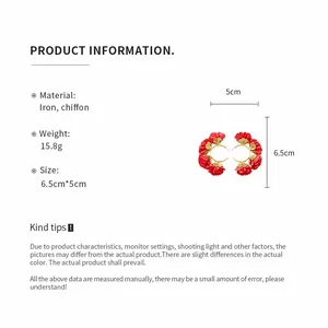 Detailed product information for red chiffon flower C-shaped earrings with dimensions.