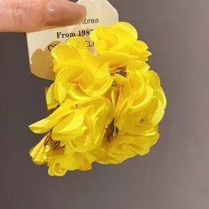Yellow chiffon flower C-shaped hoop earrings for summer vacation and stylish beach wear