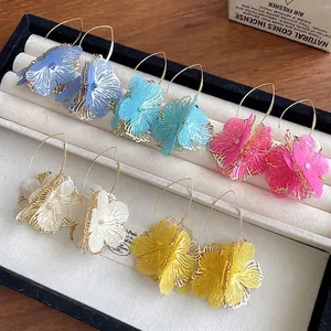 Dopamine Hollow Flower Hook Earrings Vintage Alloy Cloth Floral Drop Earrings For Women Gentle Temperament Jewelry Accessory