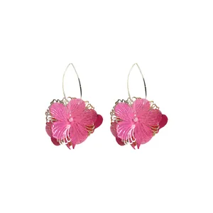 Elegant layered pink hollow flower hook earrings featuring a vibrant dopamine style design