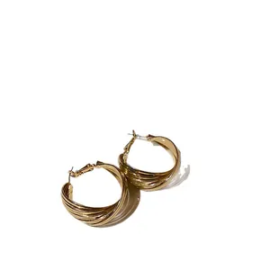 Elegant gold-tone twisted multi-layer hoop earrings with high-shine metallic finish
