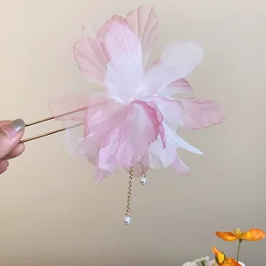 Elegant romantic pink dried rose flower hair stick with golden tassels and pearls for women