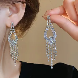 Dettaglio degli orecchini pendenti a nappa color argento con cristalli scintillanti