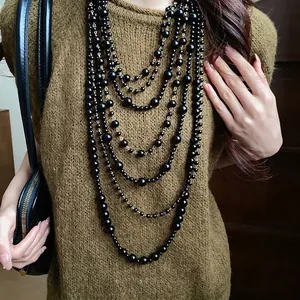 Vintage Multi Layer Acrylic Beaded Necklace For Women Elegant Retro Minimalist Long Sweater Chain Black Gold Jewelry Accessory