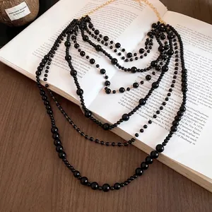 Vintage multi-layer black acrylic beaded necklace long sweater chain for women jewelry