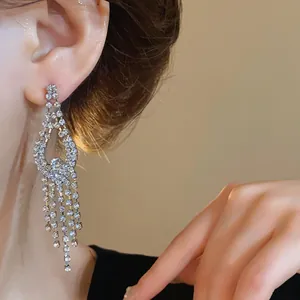 Dettaglio di eleganti orecchini pendenti a nappa con strass argento indossati dal modello