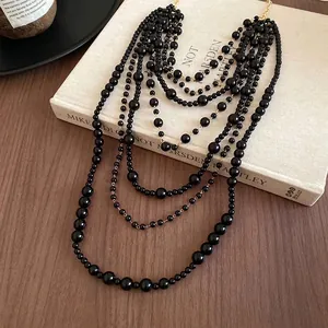 Elegant vintage multi-layer black acrylic beaded necklace and long sweater chain for women