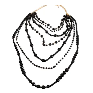 Multi-layered vintage black acrylic beaded long necklace for women sweater chain