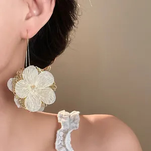 Detail shot of hollow flower drop earrings with white petals and golden wire mesh.