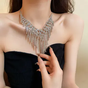 Dettaglio ravvicinato della scintillante collana di strass argento con nappe su una modella