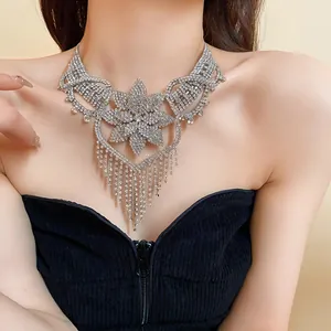 Vista dettagliata di un'elegante collana choker con strass e nappe indossata da una modella