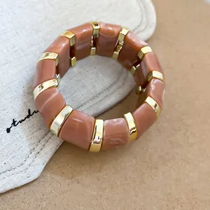 Elegant peach marbled acrylic and gold metallic bar stretch patchwork bracelet for women