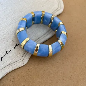 Chic blue marbled acrylic tile bracelet with gold-tone accents, bohemian style jewelry gift